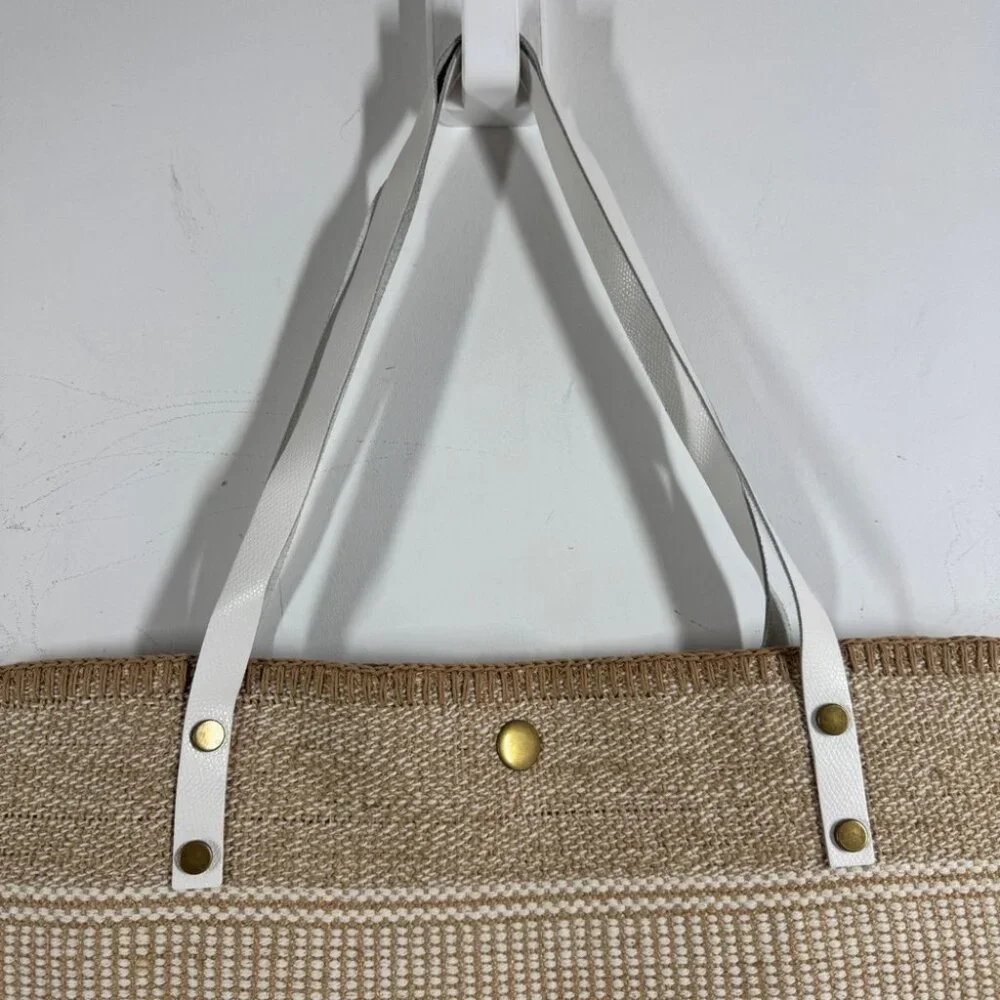 Summer Boho Woven Straw Raffia Bag Stylish Tan and White Tote Bag Stripe Beach - Picture 12 of 15